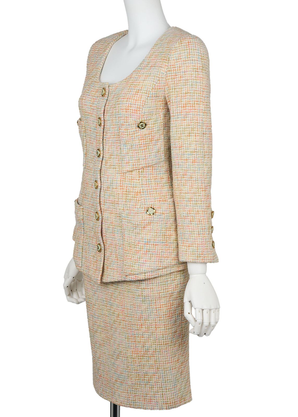 返品可 CHANEL シャネル ココボタン ジャケット スカート セットアップ 34 マルチカラー アウター トップス 長袖 ボトムス ブランド アパレル