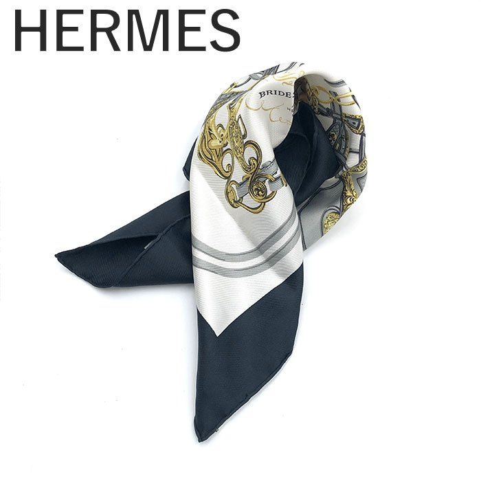 エルメス HERMES スカーフ カレ40 柄 ミニサイズ 濃紺 ホワイト グレー