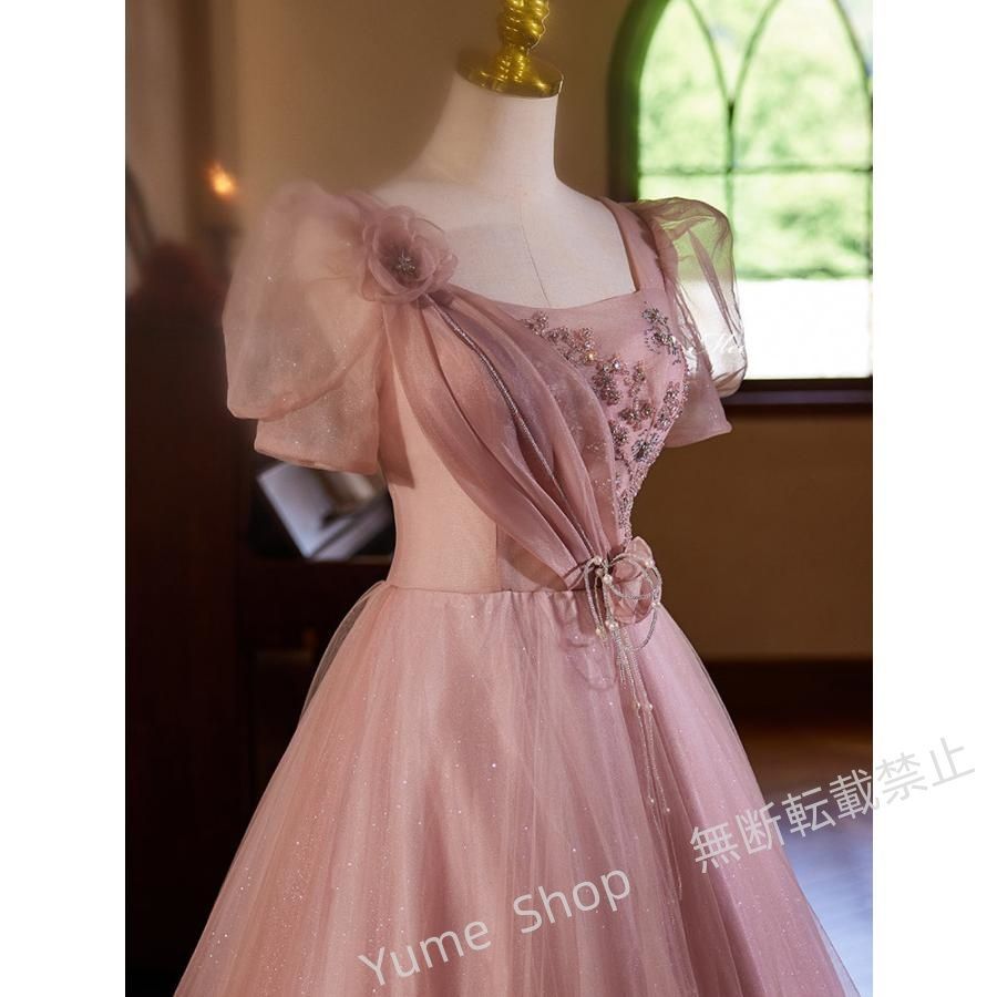 ドレス プリンセスライン ピンク パフスリーブ 編み上げ ロングドレス ウェディングドレス 結婚式 二次会 花嫁 前撮り 演奏会 発表会 ステージ衣装 nhdw156 USTAUSTRALIA_COM_AU