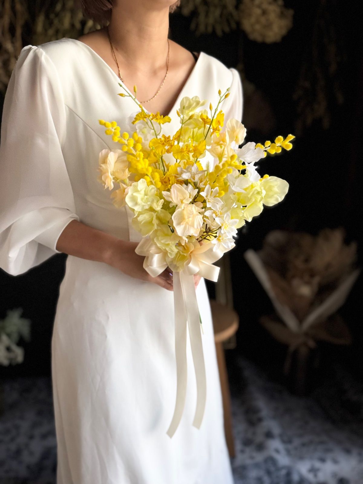 ミモザ×スイートピークラッチブーケ☆ブートニア