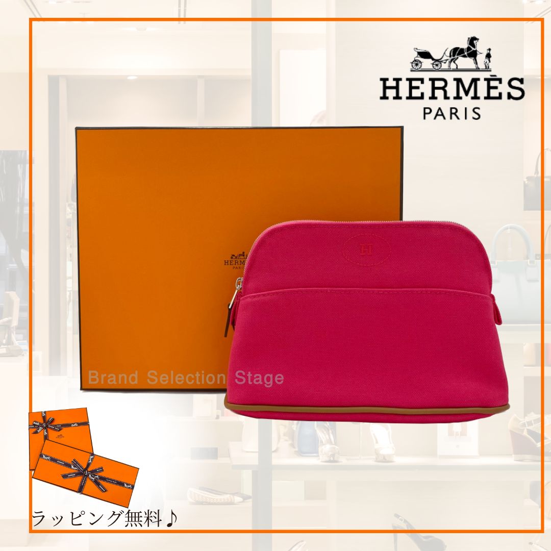 新品　HERMES ピンク キャンバスポーチ　ボリード ハイビスカス エルメス ボリード ポーチMM ハイビスカス レディース