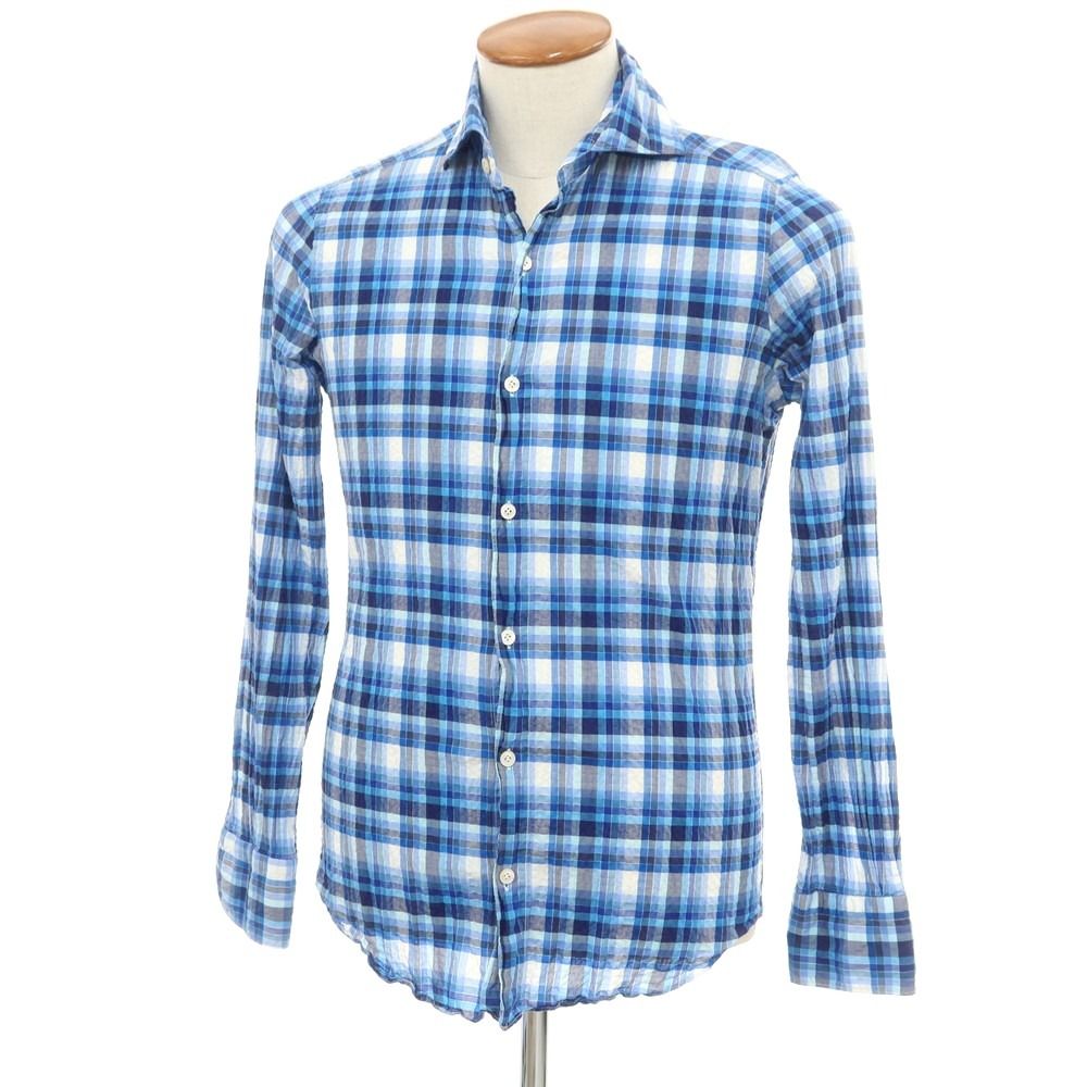 フィナモレ 美品 FINAMORE ホリゾンタルカラー チェックシャツ M 青系 フィナモレ ホリゾンタルカラー コットン チェックシャツ イタリア製