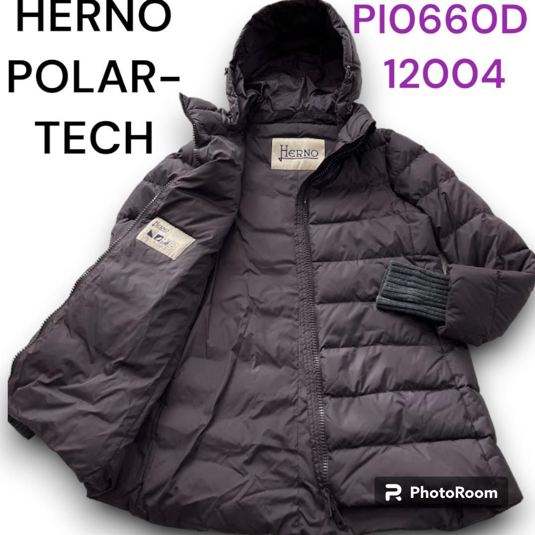 ヘルノ HERNO POLAR-TECH ダウンコート PI0660D 12004 XL ロング丈 ロングコート Aライン グレー 羽織り フード  ジップ ニット切り替え ブランドロゴプレート　ロゴボタン　金ボタン　ダウン