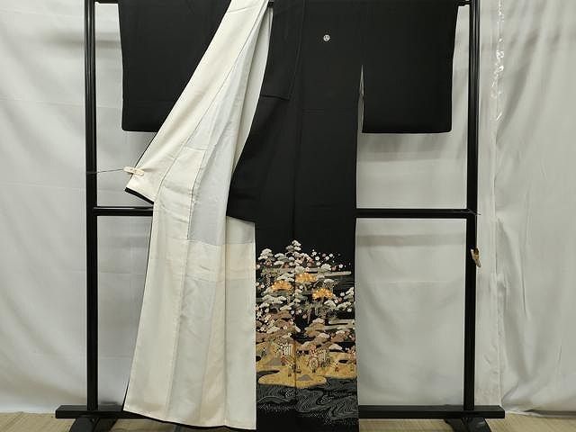 特選 小紋 着物 中古 正絹 袷 カジュアル 花模様 地模様 黒紅色