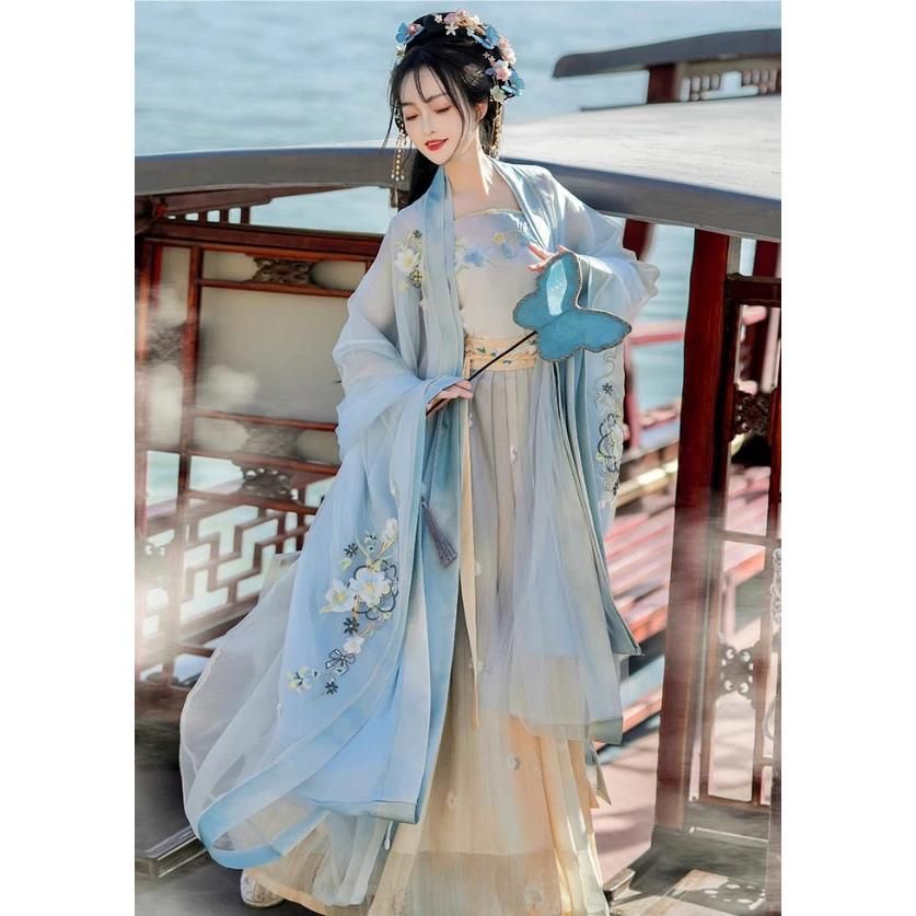レディース 漢服 4点セット 宋朝 中国古代服装 振り袖羽織付き チャイナ服 ブルー系 大人 花刺繍 華やか 中華古典 宮廷風 貴妃 皇后 仮装