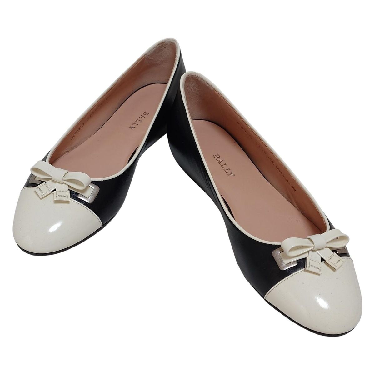 BALLY バリー フラットシューズ 37 1|2 レディース - 黒×白 リボン|バレエシューズ レザー