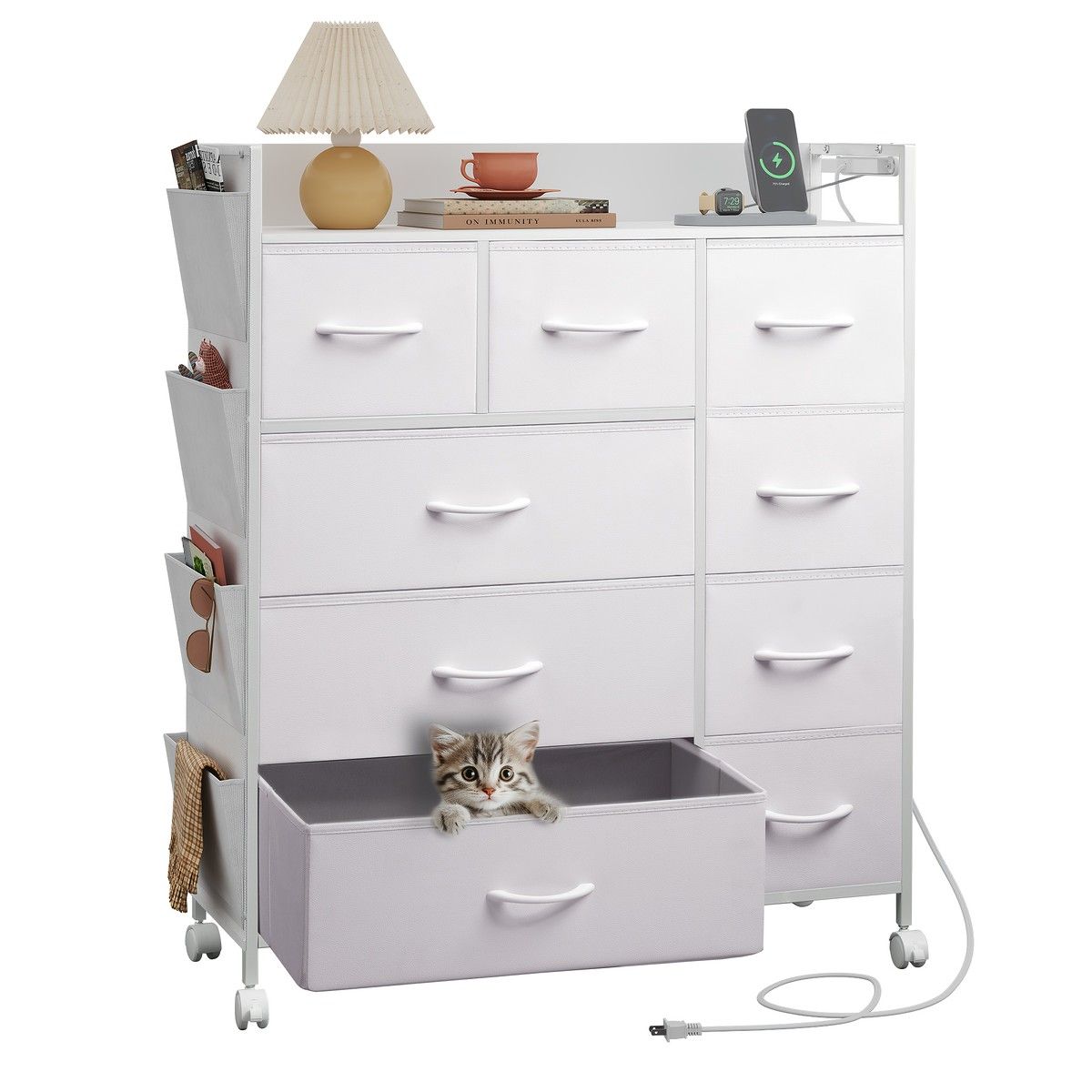 コンセント&USB付き WLIVE ファブリックチェスト 4段9杯 ハイチェスト 北欧風 おしゃれ 木質繊維板製 キャスター付き サイドポケット付 大容量収納 リビング収納 ホワイト ブラック ホワイト