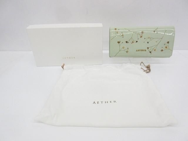 エーテル AETHER ジプソフィア 長財布 かぶせ 押し花 レザー ペールグリーン レディース