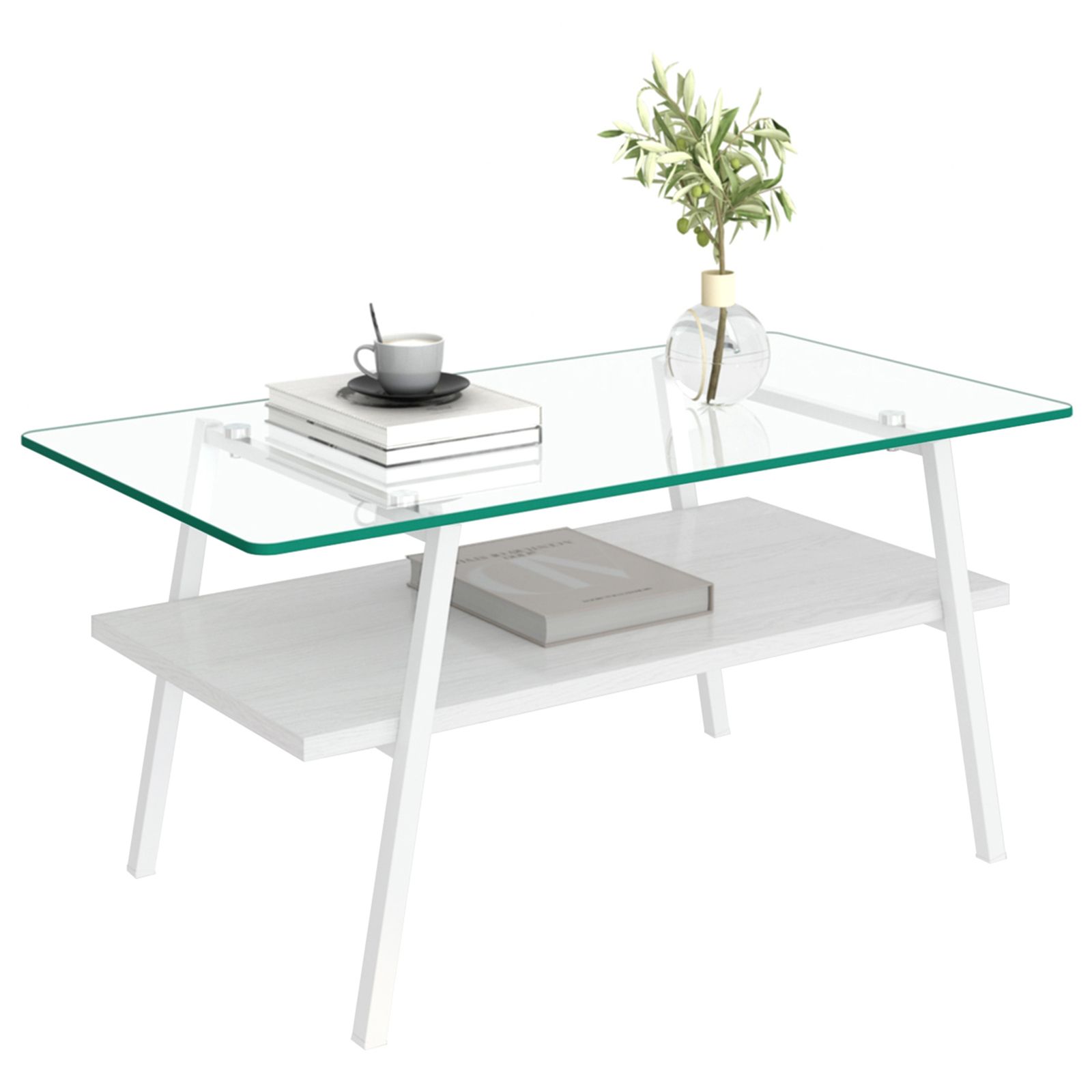 リビングテーブル 収納 モダン長方形MDF天板×強化ガラス脚 ホワイト