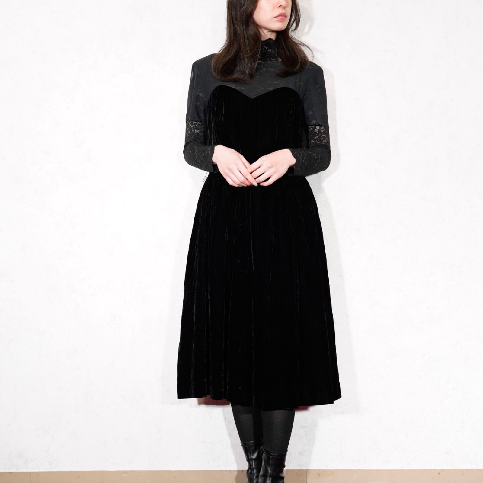 USA VINTAGE CDC Evening VELOUR SHEER DESIGN DRESS ONE PIECE アメリカ古着ベロアシアーデザインドレスワンピース