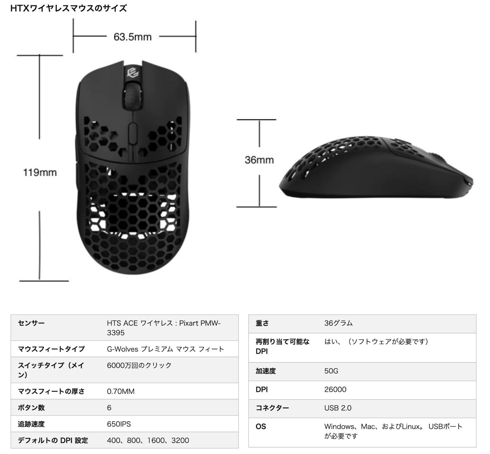 GWolves HTX ACE ゲーミングマウス ワイヤレス 36g 超軽量 無線 - ET