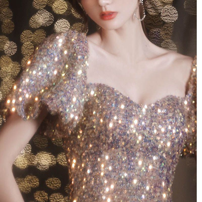 イブニングドレス パーティードレス ロングドレスキャバドレス きらきら スパンコール 演奏会 大人 ピアノ 発表会 パフスリーブ フェミニン オフショルダー シャンパン 0812