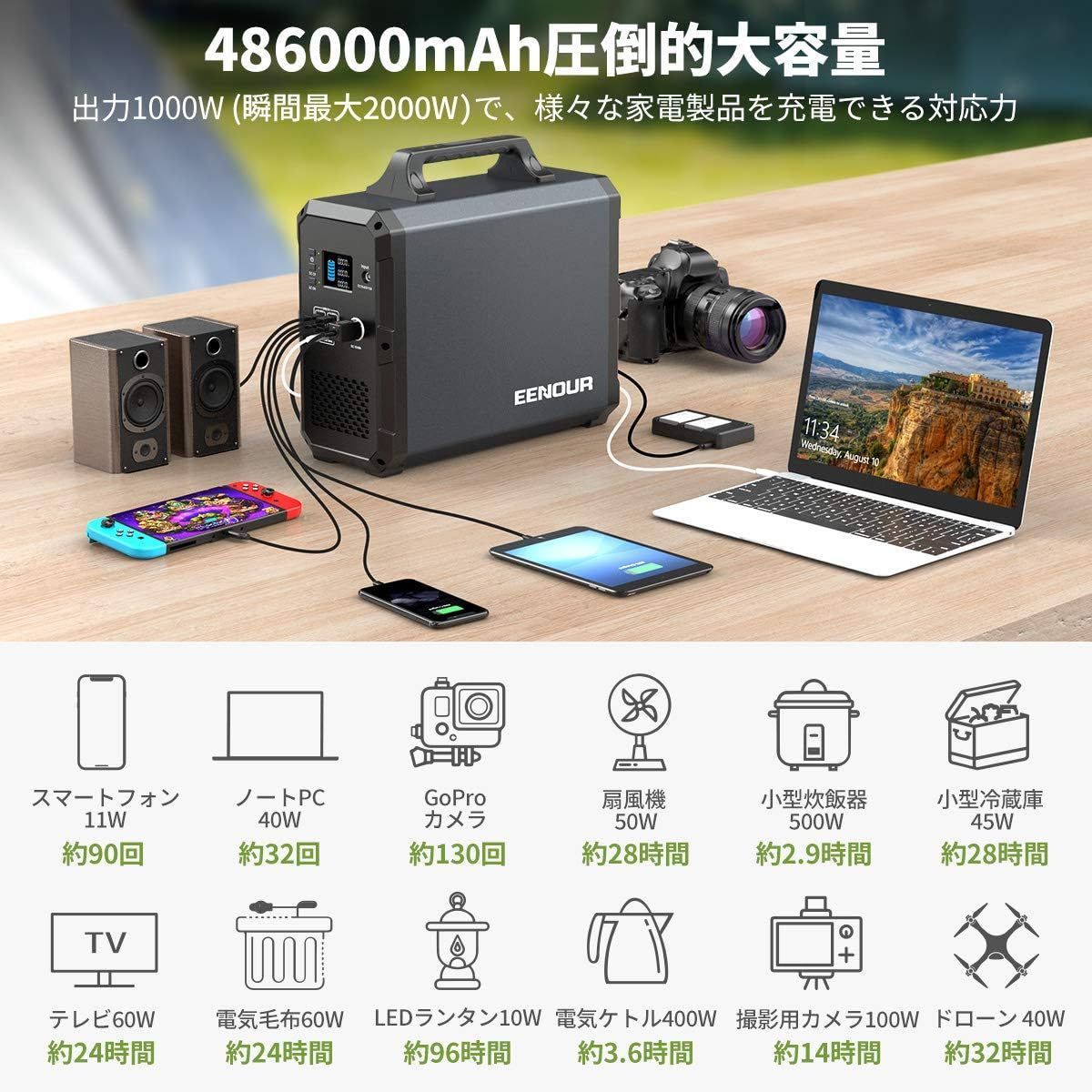 大容量 格安】EENOUR ポータブル電源 EB180 ブラック 486000mAh 防災 