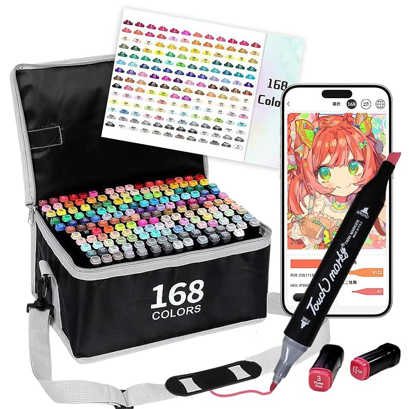 SiwaQio アートマーカー 168色170本 アルコールマーカー イラストマーカー セット ショルダーケース付き やわらかい筆 DIY 塗り絵 デザイン コピックなど プレゼント
