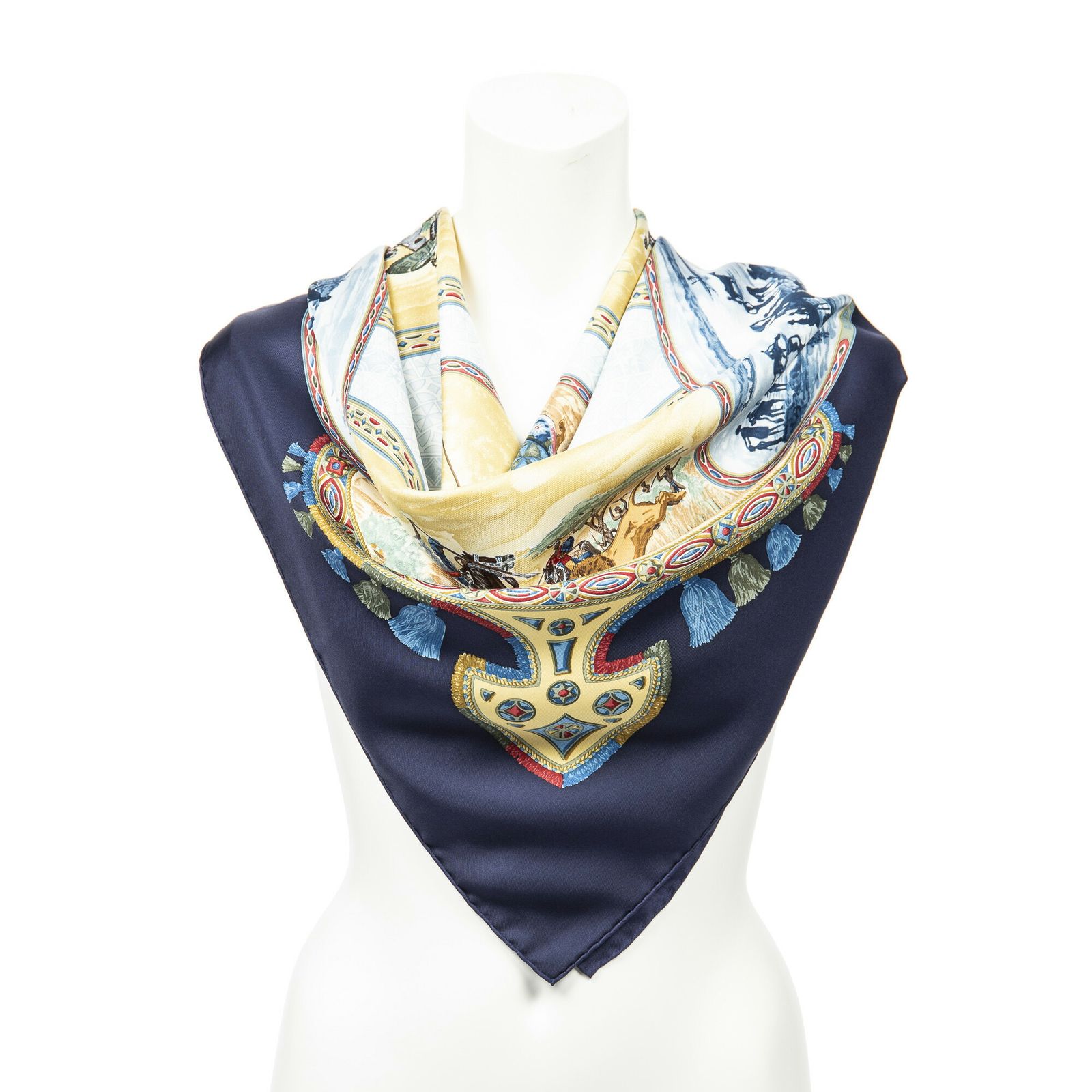 HERMES エルメススカーフネイビー ベージュ 水色 ツイルシルクA