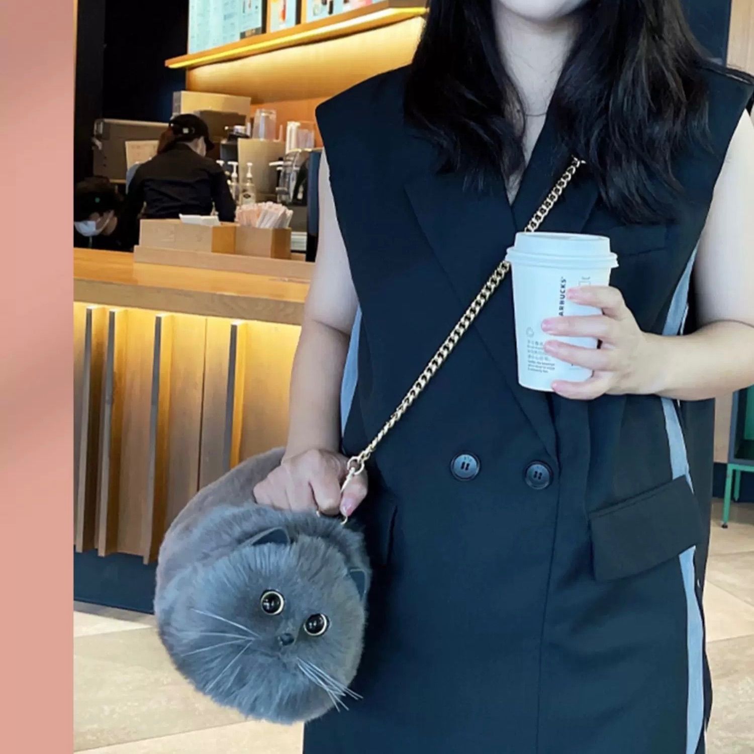 Lサイズ グレー もふもふリアルな可愛い猫バッグ ファー 猫 グッズ 