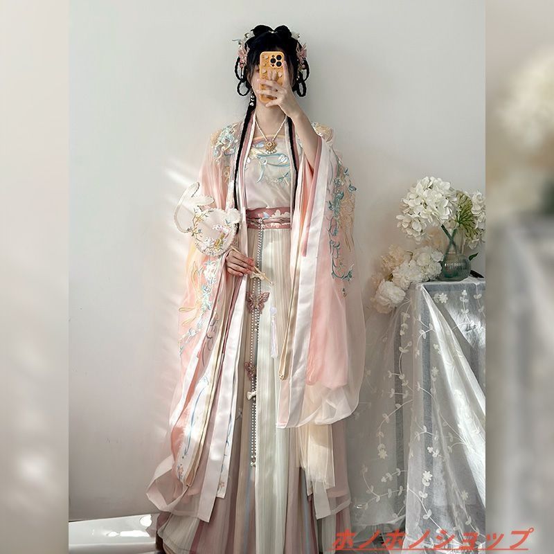 蝶恋花語 齊腰漢服 大袖衫 吊り帯付き百褶裙 漸變繍花デザイン ソングスタイル レディース用 粉色-ブルー 春夏用 優雅中華風ドレス 日常着 通勤 撮影用 コスプレ衣装 特別な日のお祝い プレゼント最適