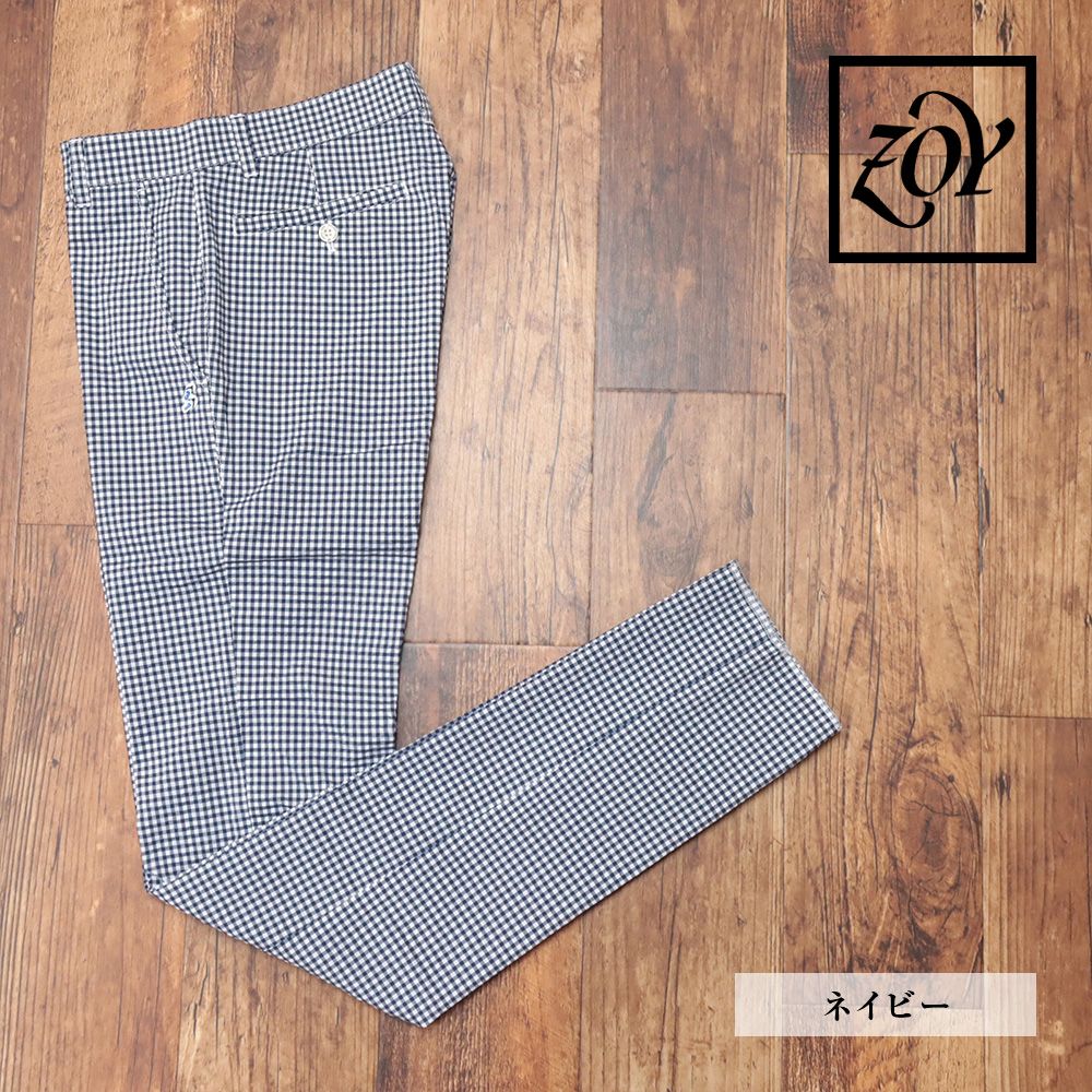 春夏|ZOY|76cm|ゴルフ パンツ 071422415 吸水速乾 サッカー ギンガム チェック メンズ 紳士 ゾーイ |紺|ネイビー|kk107|