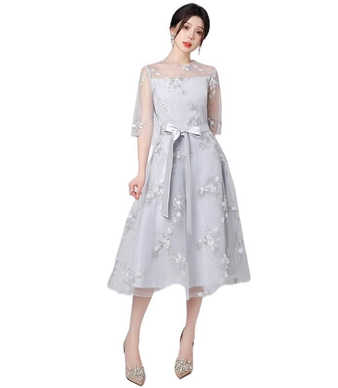 EightSTAR Dress 結婚式ドレス レディース Aライン パーティードレス 袖あり お呼ばれ 膝丈 ワンピース ゲスト 二次会 レース 刺繍 シースルー リボン 20代 30代 L
