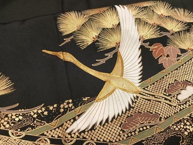 平和屋着物□豪華黒留袖 駒刺繍 群れ鶴吉祥草花文 金彩 正絹