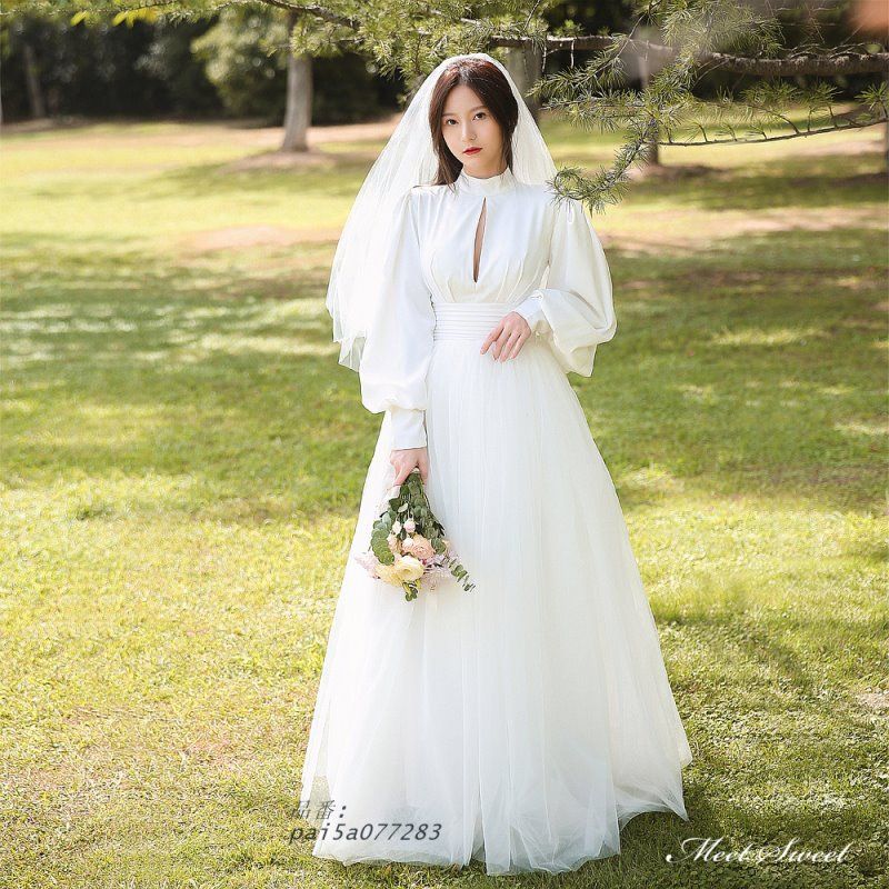 ウェディングドレス ロングドレス Aラインドレス チュール サテン 切替 結婚式 ウエディングドレス 花嫁 ブライダル 二次会 前撮り ハイネック 長袖 pai5a077283