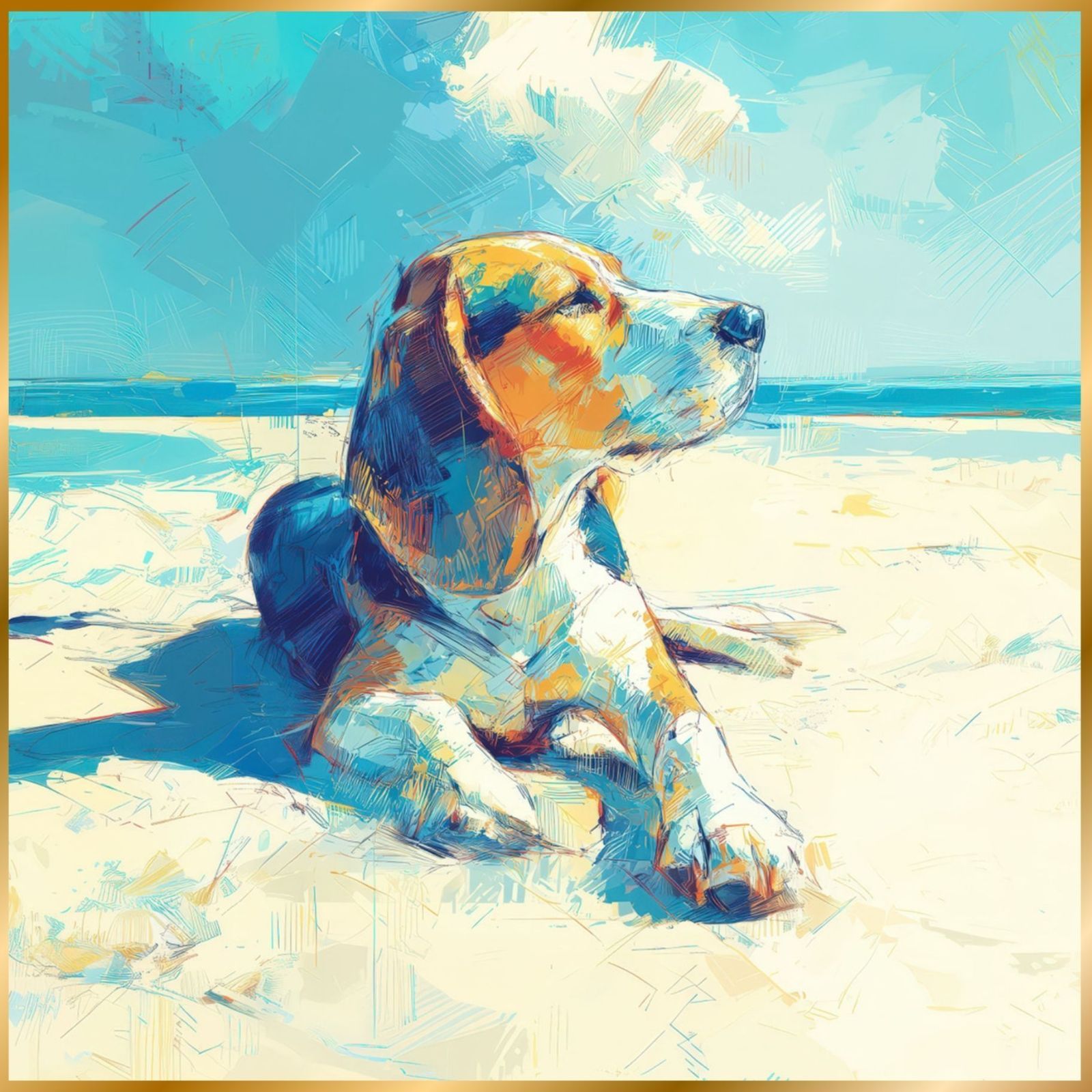 ビーグル犬とビーチのスケッチ No.2 海 犬の絵 犬のイラスト おしゃれ ミニマリスト ミニマリズム シンプル インテリアアート ペットロス うちの子 記念日 アートポスター ギフト プレゼント