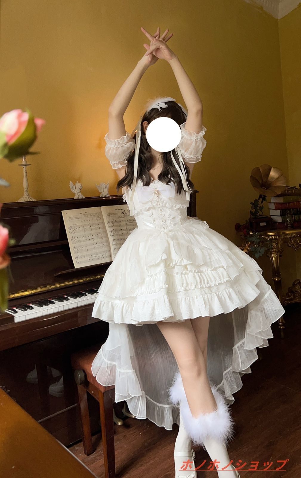 オリジナルデザイン Lolita洋装 JSK ドレス 吊りスカート 長いトレイン付き レース手袖6色展開 春夏用 お姫様風 ドレス 撮影 イベント プレゼントに最適