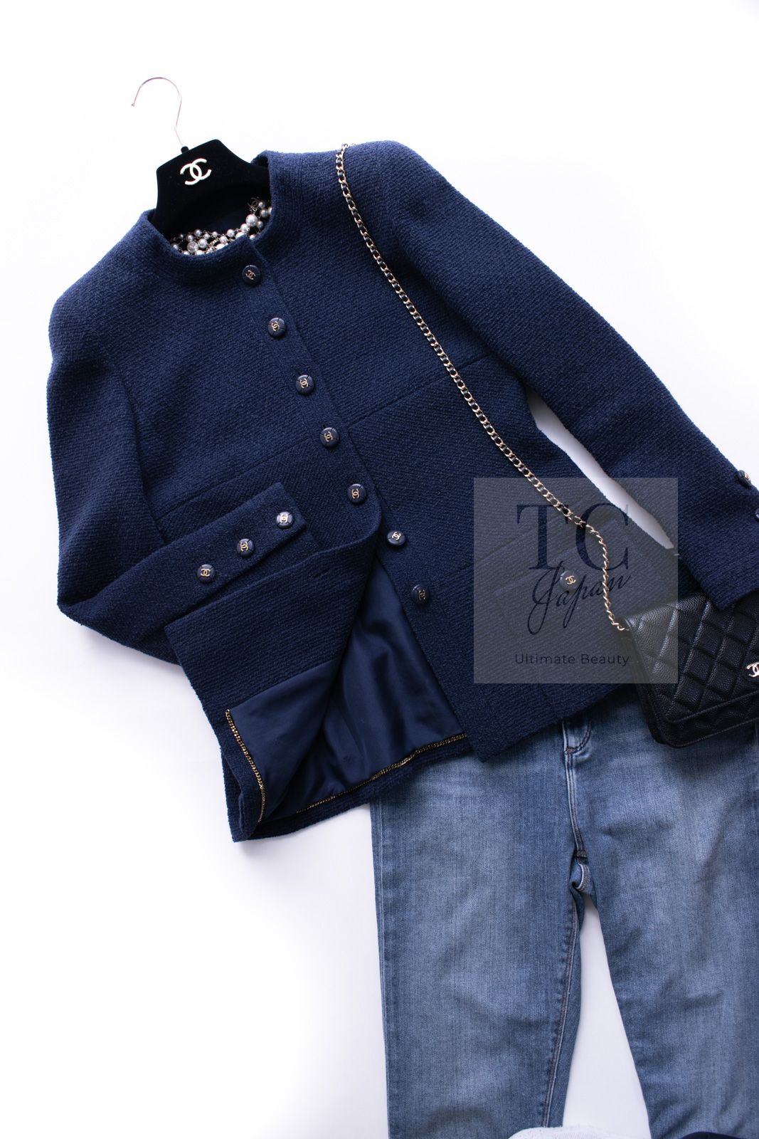 シャネル ジャケット CHANEL ヴィンテージ ネイビー ウール コットン