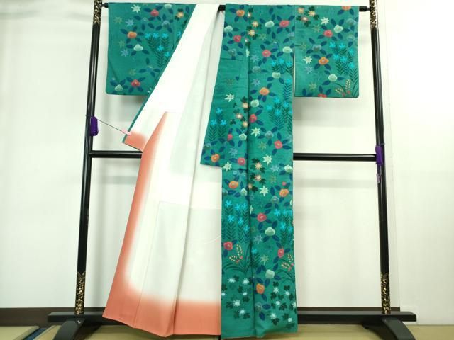 平和屋本店□極上 工芸訪問着 紬地 手描き 草花文 青緑色地 逸品