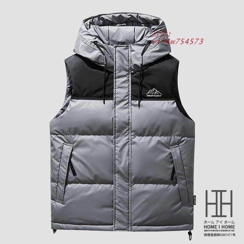 メンズ ダウンベスト 大きい 配色 フード付き 切り替え ワンポイント 作業 ダウンジャケット 刺繍入り おしゃれ 保温 防風 スタッフ アウトドア 防寒 vii4w754573