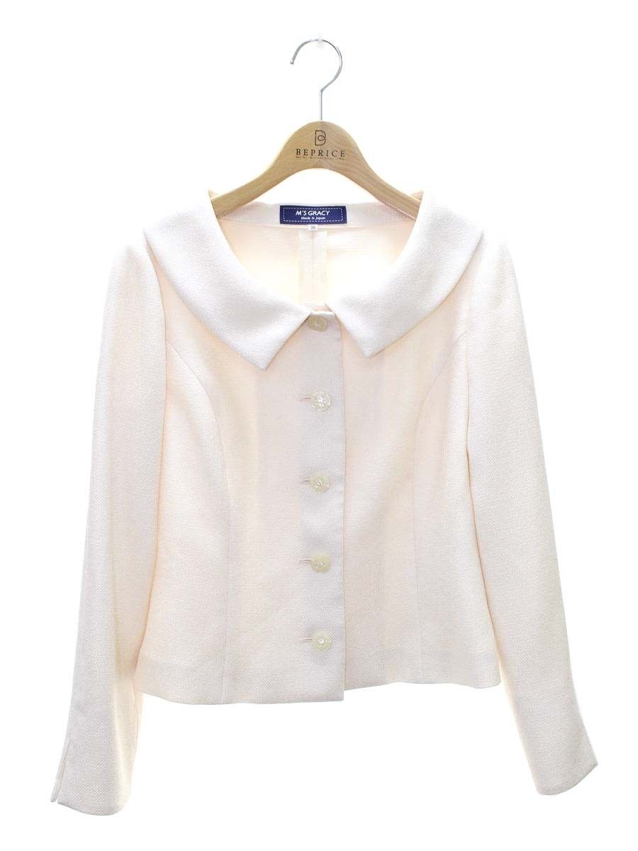 今着れます！M'S GRACY ホワイト ノーカラージャケット サイズ38 エムズグレイシー 914110 ジャケット 38 アイボリー カメリア