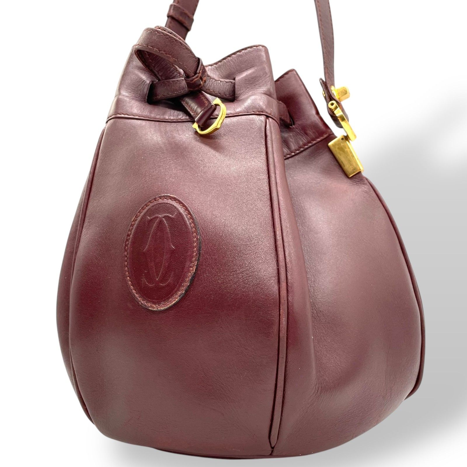 美品 カルティエ 巾着 ショルダーバッグ ボルドー 赤 レディース  