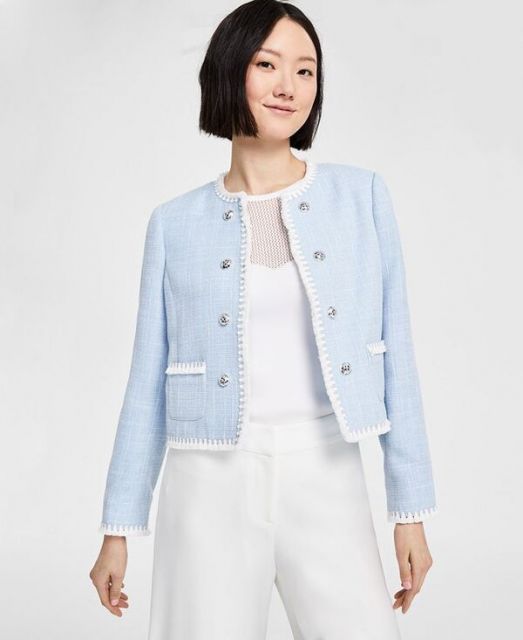 【送料無料】 タハリエーエスエル  レディース ジャケット・ブルゾン アウター Women's Open-Front Cropped Boucle Jacket Ice Blue
