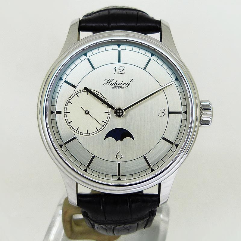 未使用品ハブリング2【Habring2】 Time-Only Moon タイム オンリー ムーンフェイズ オートマティック 42ｍｍ シルバー