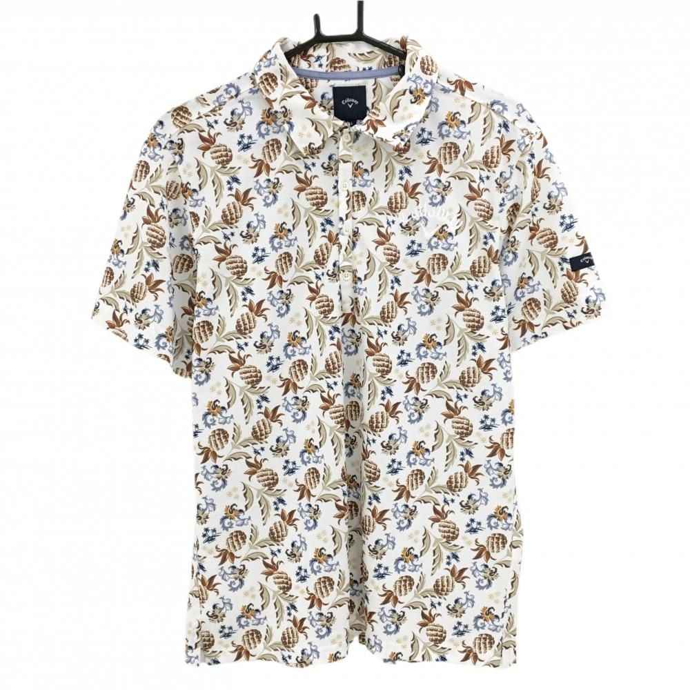 【超美品】キャロウェイ 半袖ポロシャツ 白×ブラウン パイナップル柄 花柄 メンズ LL ゴルフウェア Callaway