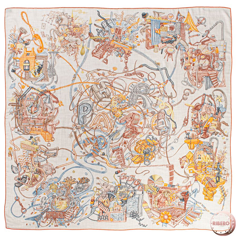 HERMES エルメス カレジェアン Le Monde d Hermes エルメスの世界 244230S 10 スカーフ ストール カレ140 カシシル ベージュ オレンジ