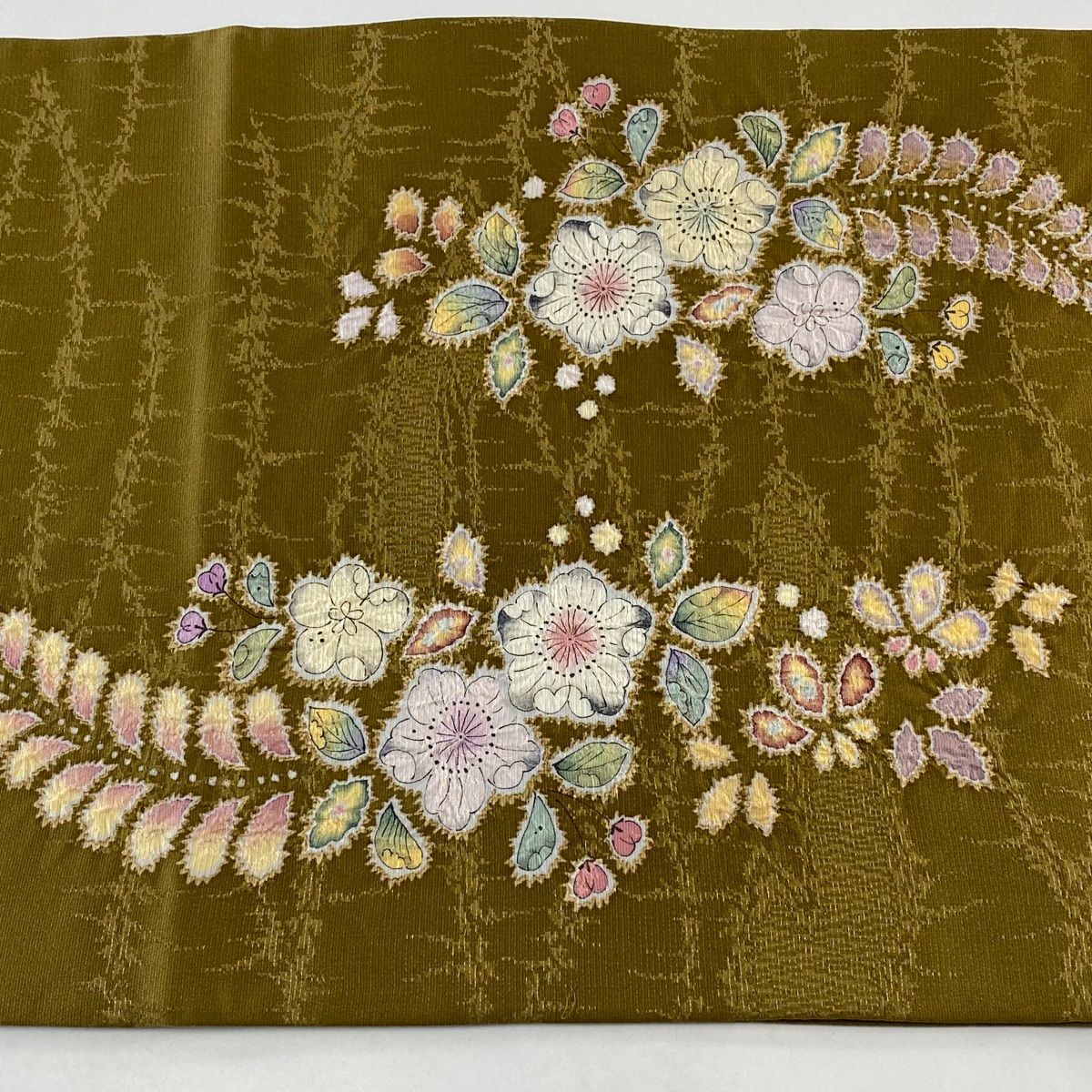 美品　落款　辻ヶ花　袋帯　くすみブルー×茶系 袋帯 美品 逸品 翠山工房 落款 辻が花 霞 金彩 金糸 山吹茶色