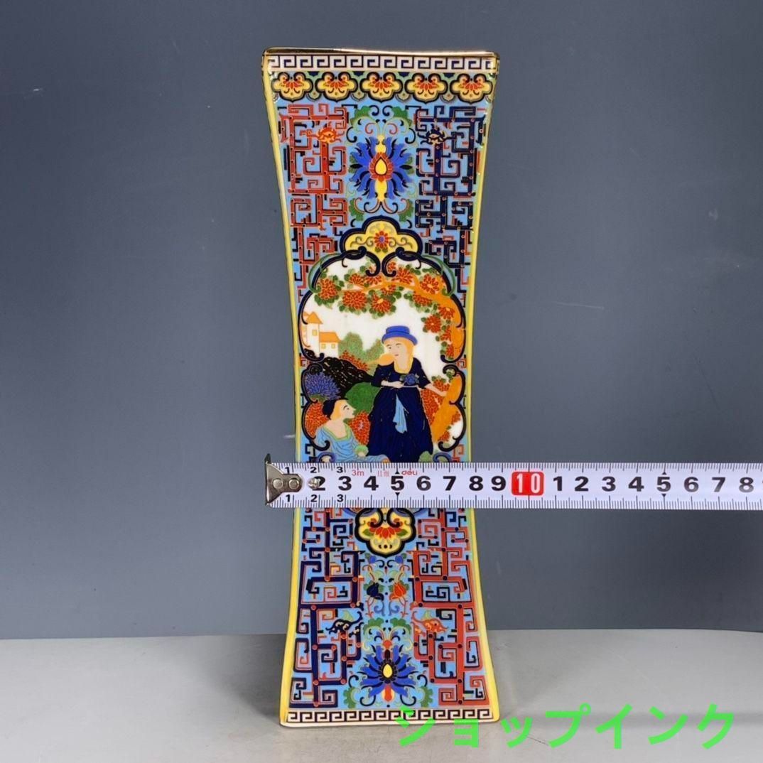 パステル蒔絵人物四角い花瓶 景徳鎮 陶磁器 装飾品 工芸品 美術