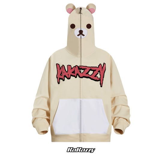 ◆Kakazzy◆フルジップ 長袖パーカー White 送料込 KaKazzy】コリラックマ リラックマ フルジップ パーカー 男女