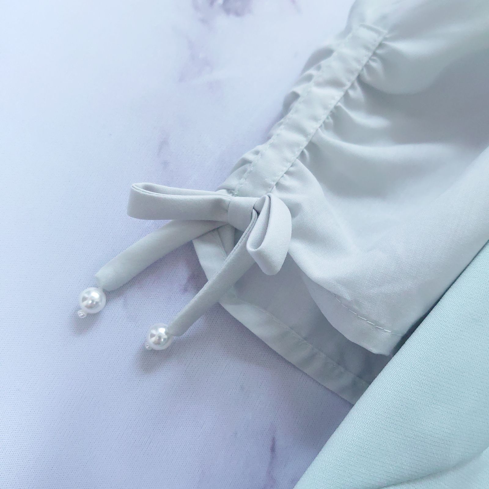  2021 ルネ ギャザーパールブラウス パフスリーブ リボン チュール 34 半袖 シャツ ブラウス