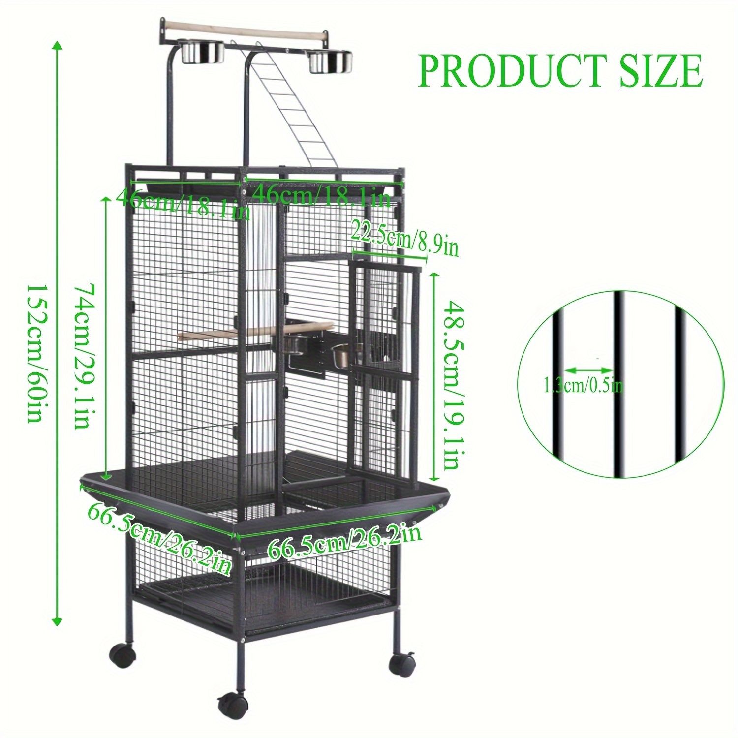 頑丈な金属製の鳥かご 小型から中型のオウム インコ ラブバード用 - 幅154 94cmの錬鉄製ペットケージ キャスター付きスタンド 安全ロック 取り外し なトレイ