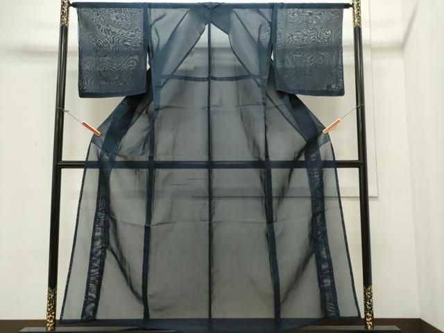 平和屋着物＊夏物 色無地 紗 流水文 濃藍色 正絹 逸品 未