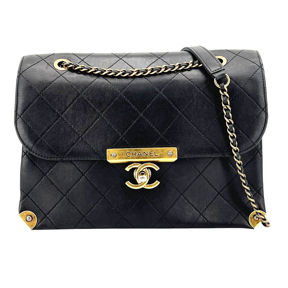CHANEL シャネル ターンロック メタルフラップ チェーンショルダー マトラッセ カーフスキン ココマーク バッグ レディース 25030272 AO