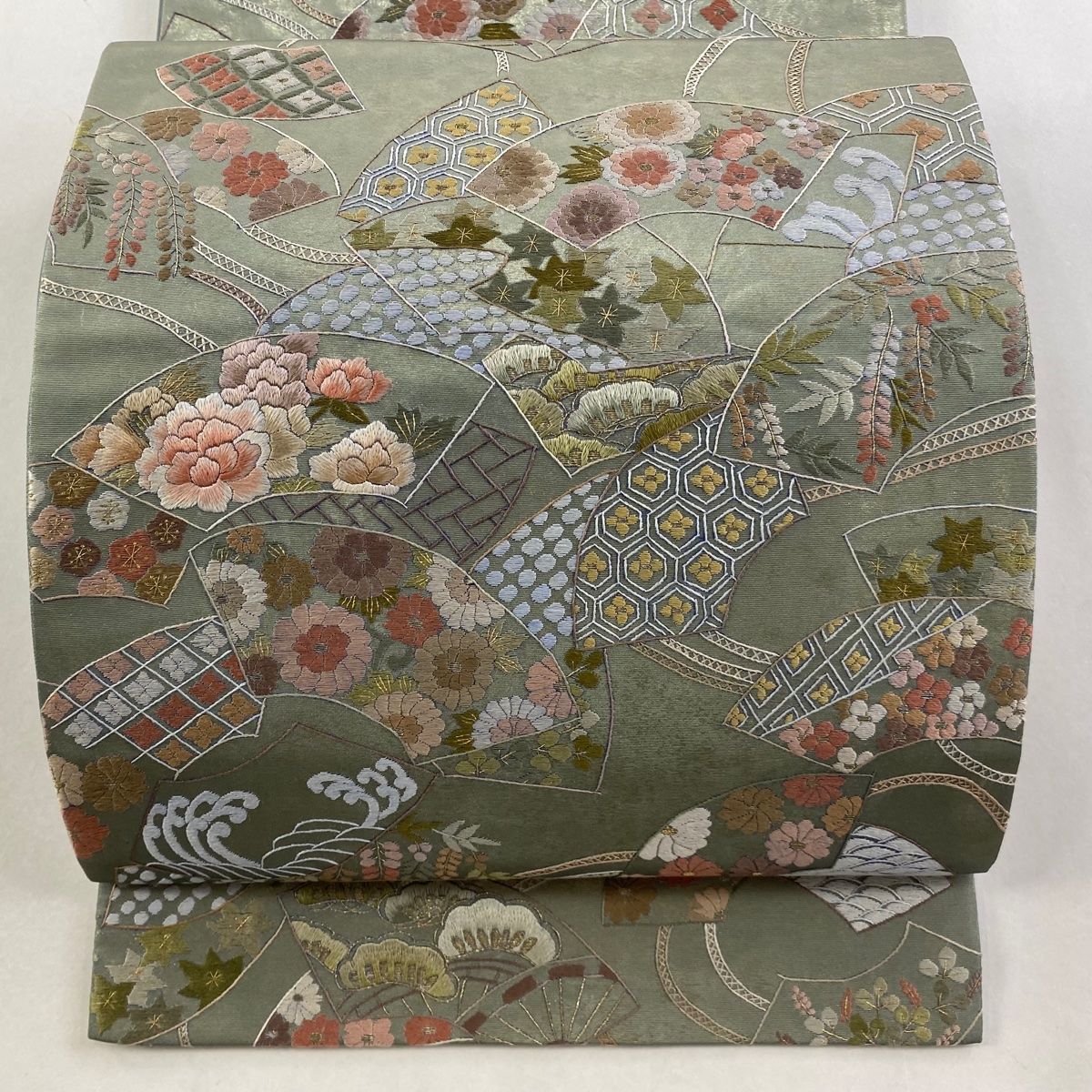 袋帯 扇面 草花 刺繍 箔 灰緑 六通 正絹