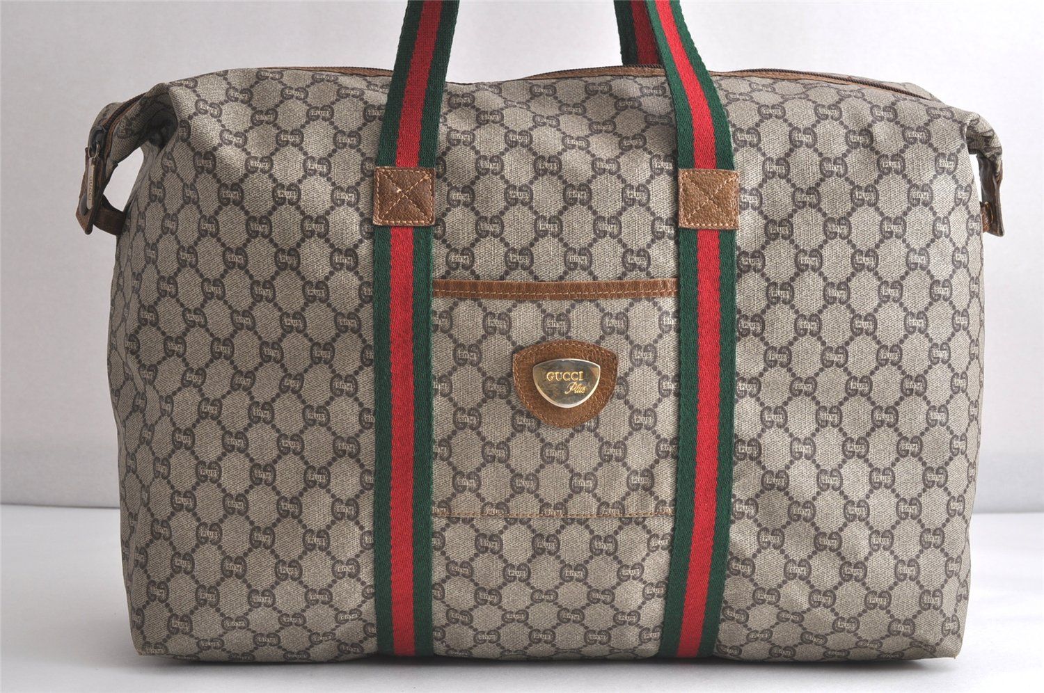 GUCCI グッチ ウェブ シェリーライン GG プラス トラベルボストンバッグ ピーブイシー レザー ブラウン 2764N