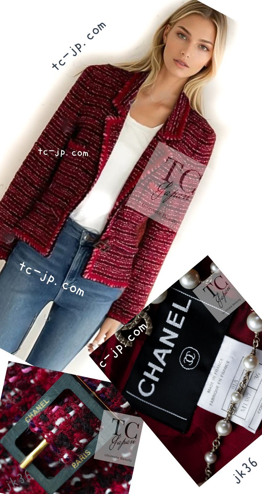 シャネル ジャケット CHANEL 47万 レッド ピンク ウール ツイード  