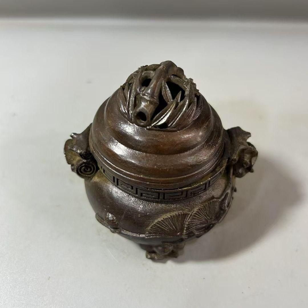 銅器 香炉 銀杏葉竹文様香炉 香道具 室内香炉 工芸品 置物 銅 細工