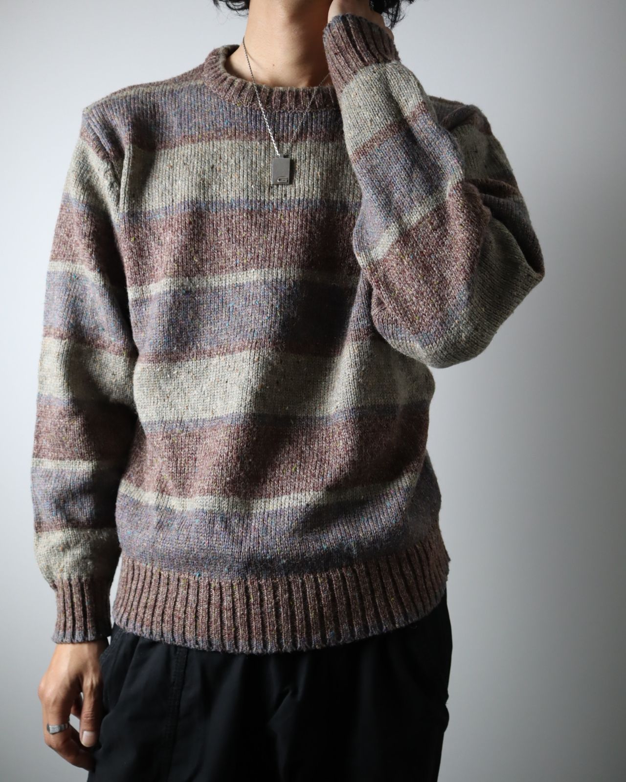 【vintage】ニュアンスカラー マルチボーダー ウール混 ニット セーター