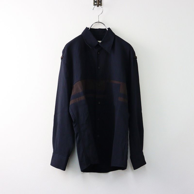 MARNI - 美品 マルニ MARNI ウールトロピカルバイカラーシャツ 44/ネイビー×ブラウン ブラウス 長袖 トップス【2400014224818】 MARNI 美品 マルニ ウールトロピカルバイカラーシャツ 44