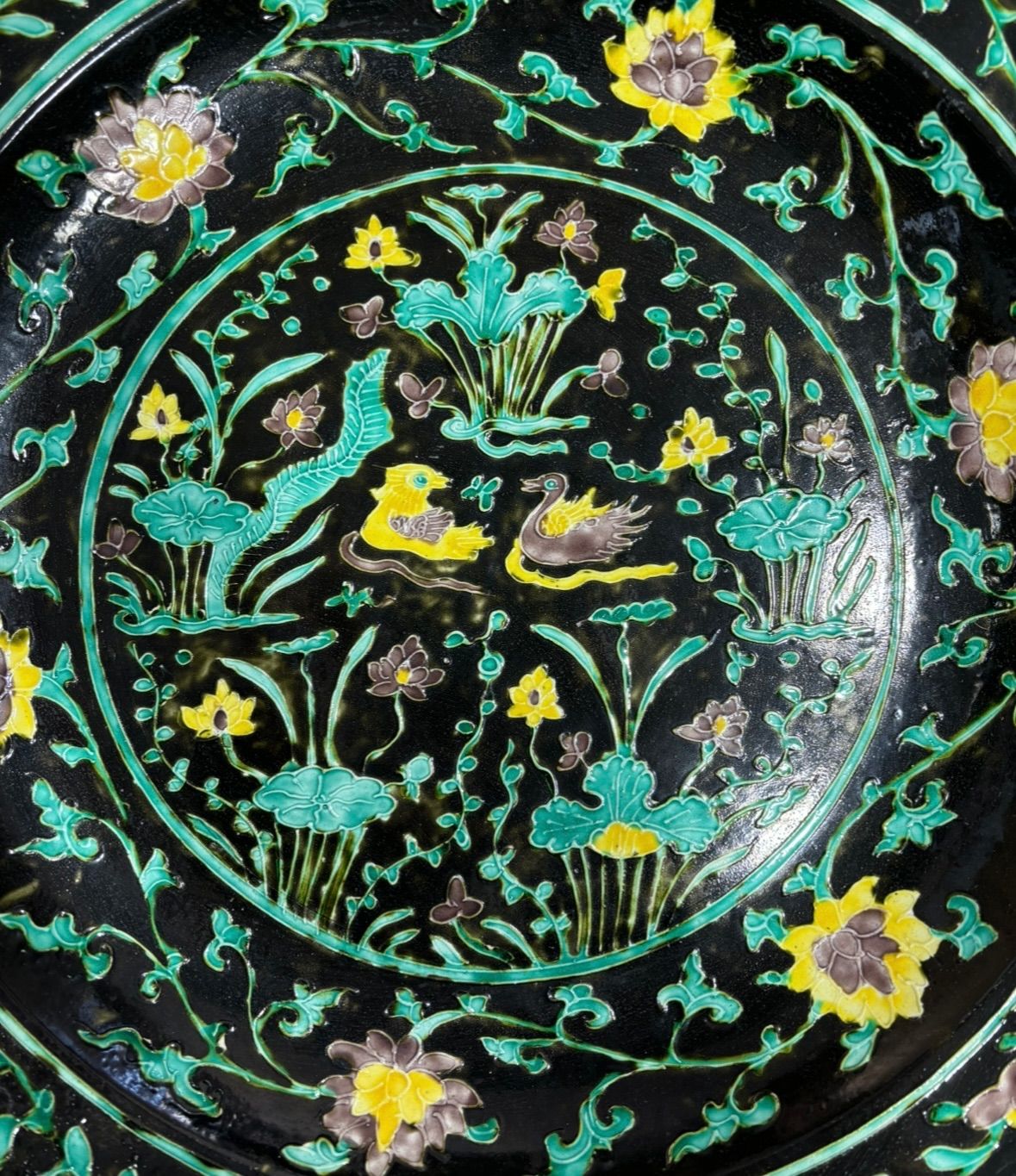 大清康熙年製 色絵 [草花アヒル絵] 大皿 丸皿 中国美術 盛り皿